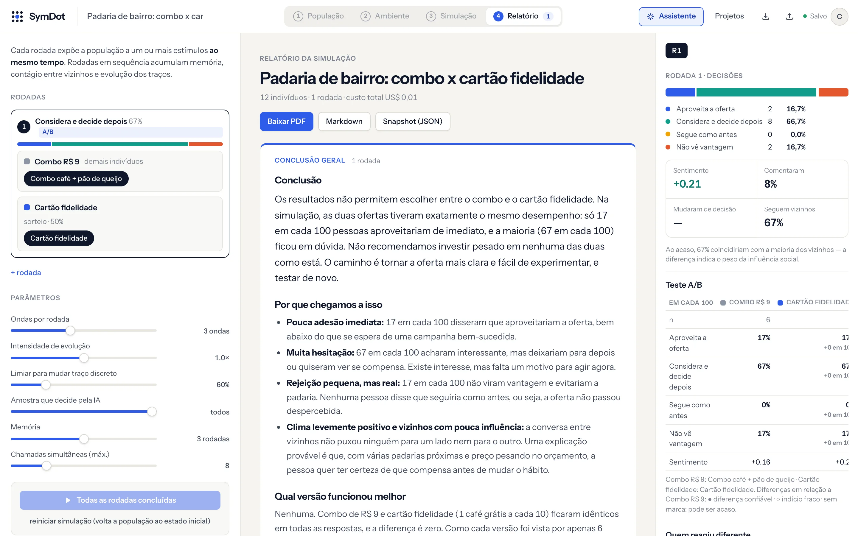 Relatório com a conclusão geral e o resultado da rodada